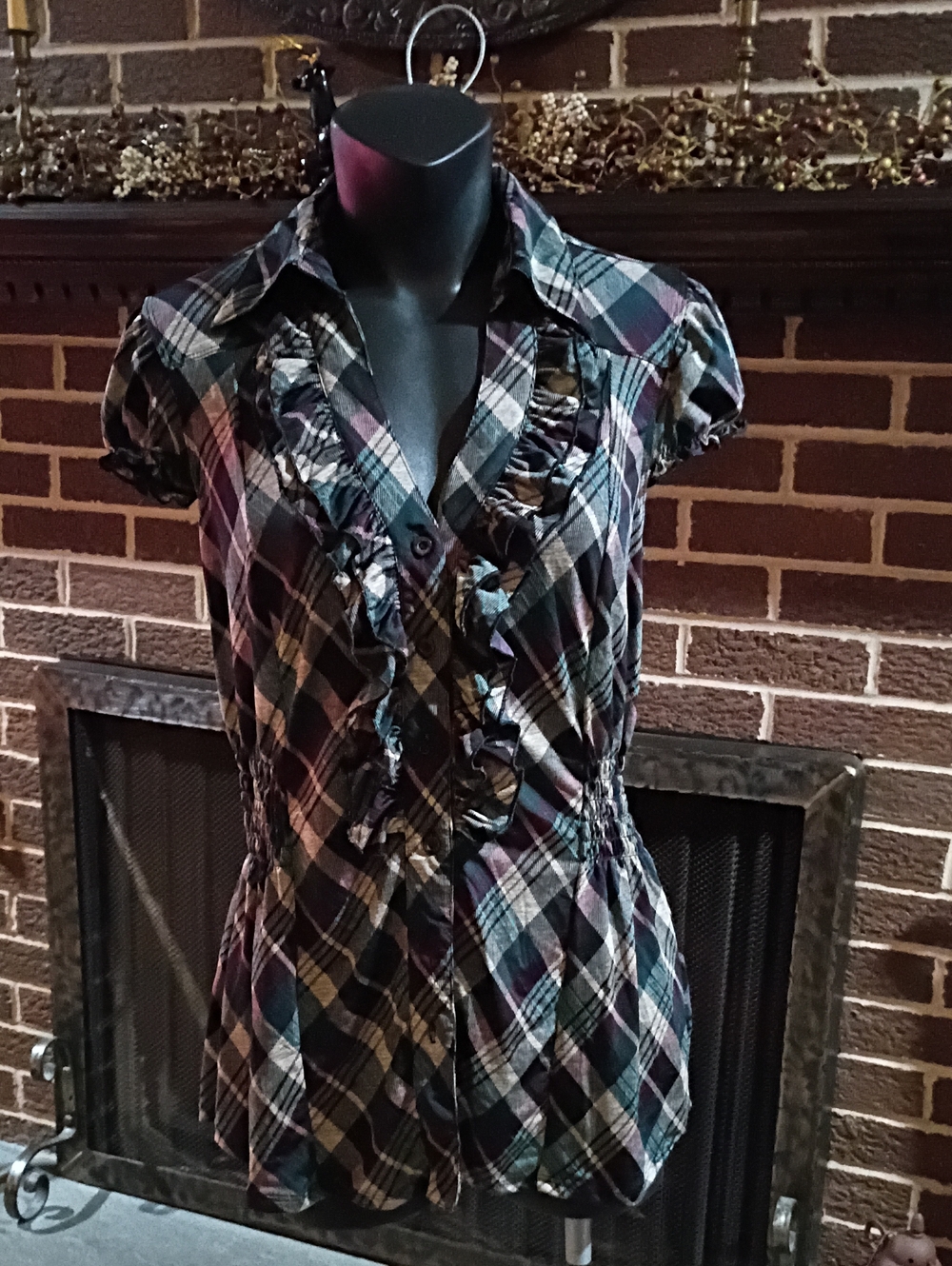 Charlotte Russe Black & Purple Plaid Ruffle-Front Short Sleeve Blouse